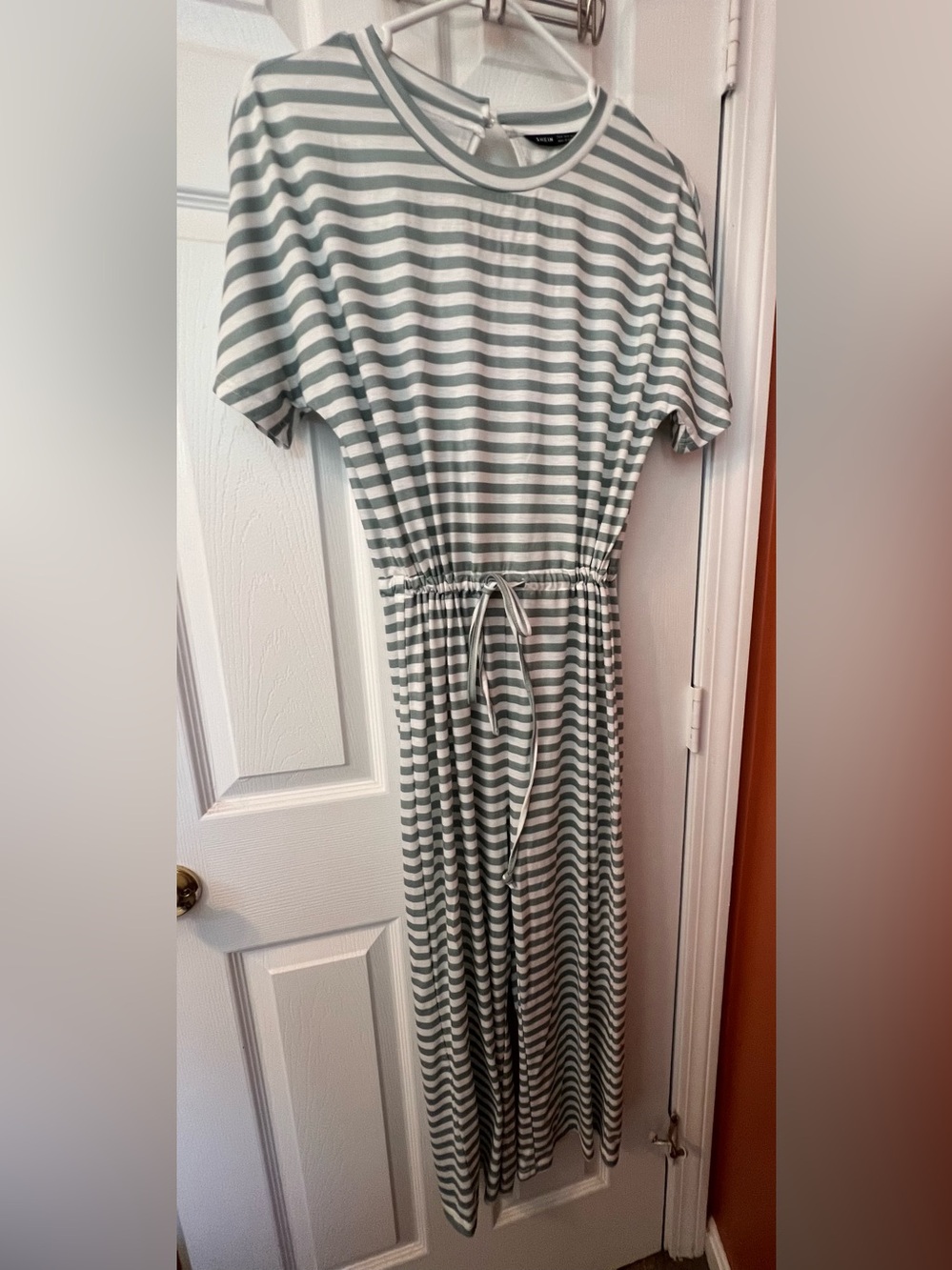 SHEIN Sage and White Striped Short Sleeve Jumpsuit